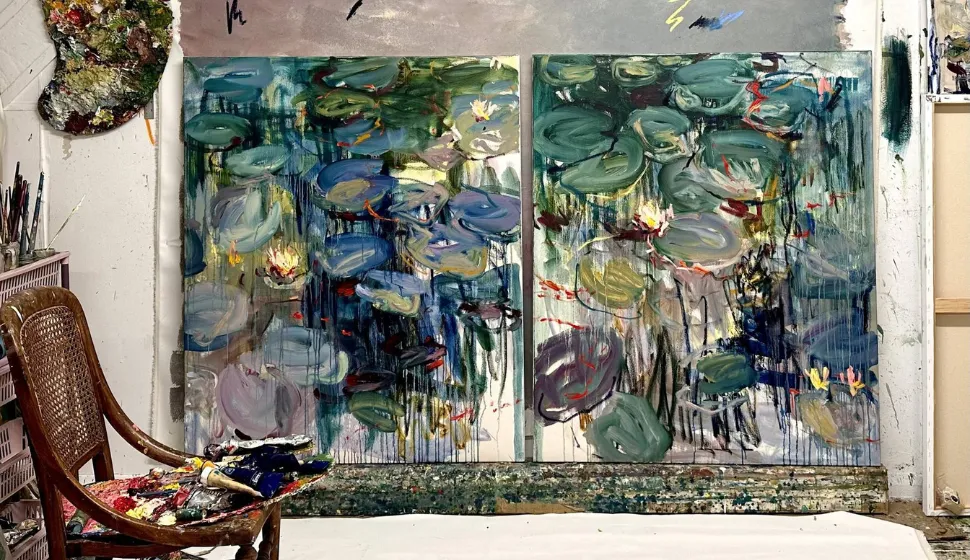 Summer pond. Diptych Painting