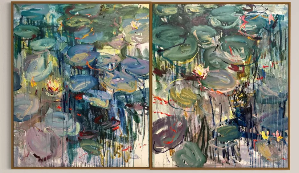 Summer pond. Diptych Painting